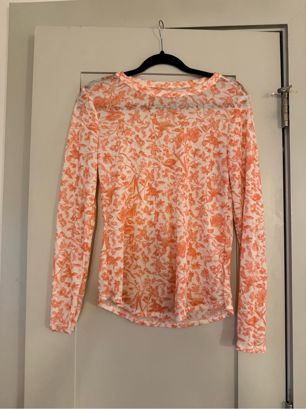 Lucky Brand Orange and White Floral Long-Sleeve Crewneck Top